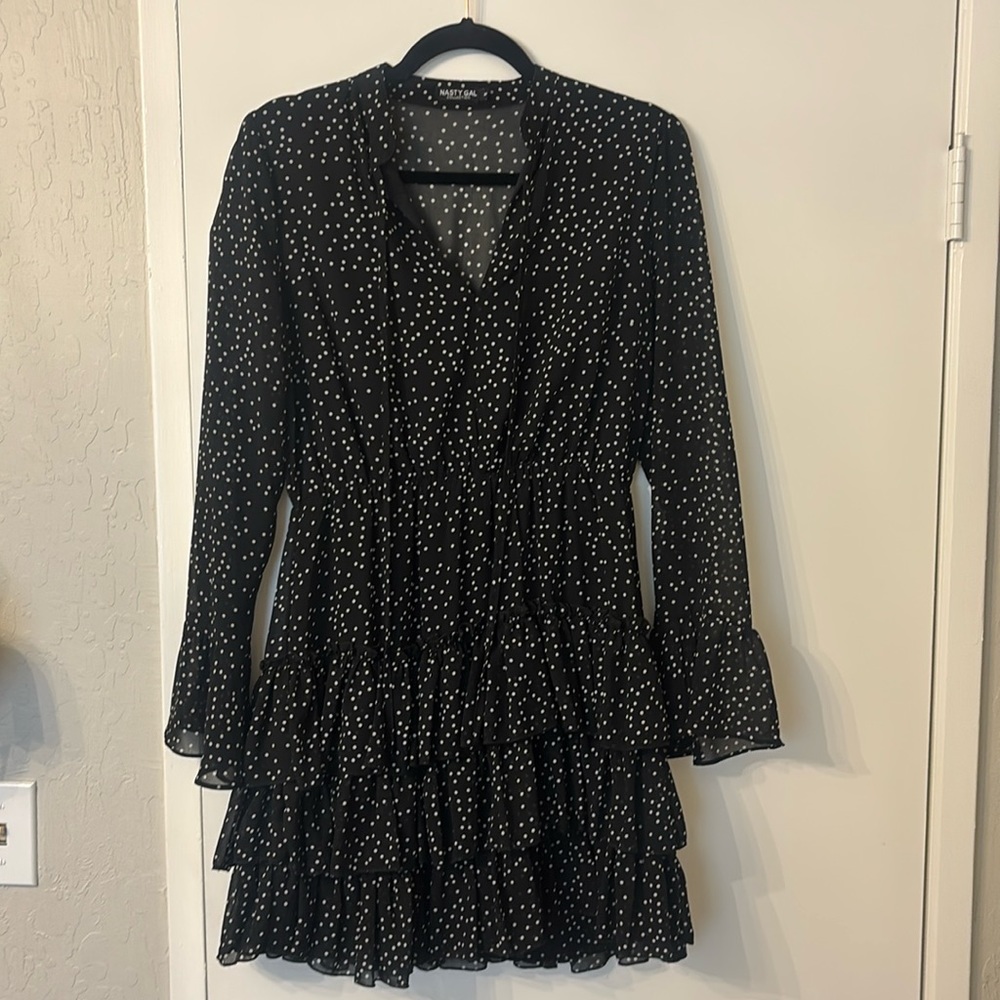 Nasty Gal black and white polka dot mini dress with cinched waist